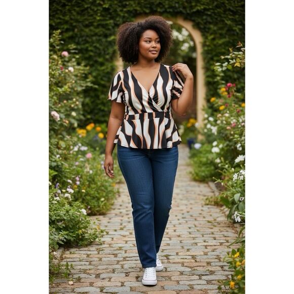 ASHLEY STEWART NWT Abstract Print Flutter Sleeve Surplice Top 14/16 - Picture 1 of 13